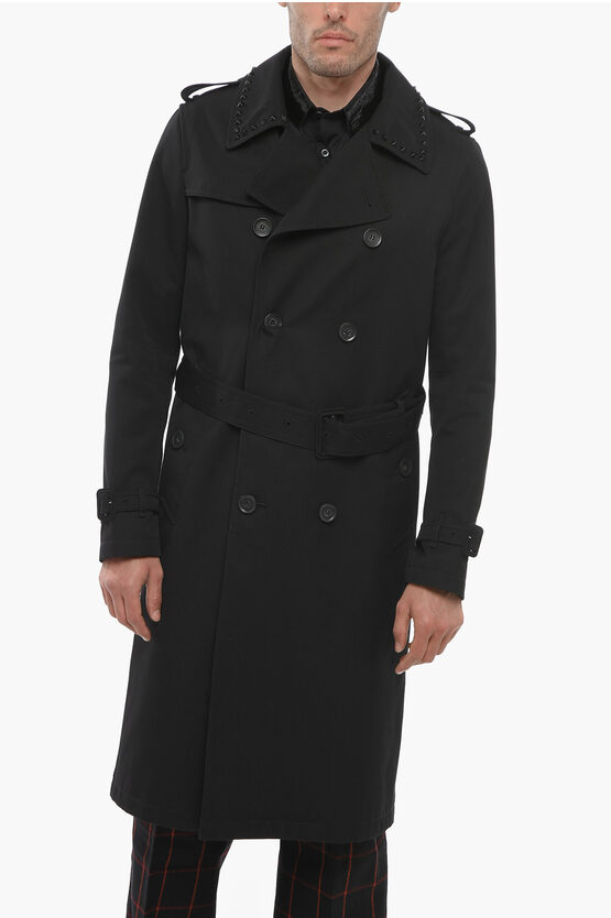 Valentino 01. Cotton Blend Trench Coat With Studs In Black