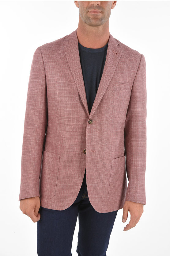 Corneliani 2 Button Gate Flax Blend Blazer With Hopsack Pattern In Pink