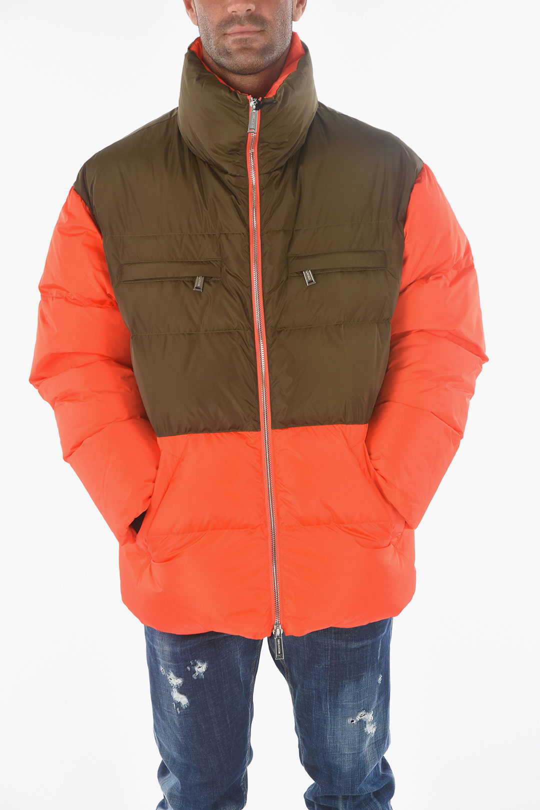 2 Pockets Two-Tone Down Jacket with Zip Closure