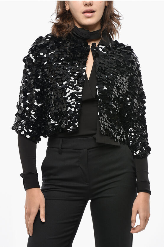P.a.r.o.s.h 3/4-sleeved Sequined Cardigan In Black