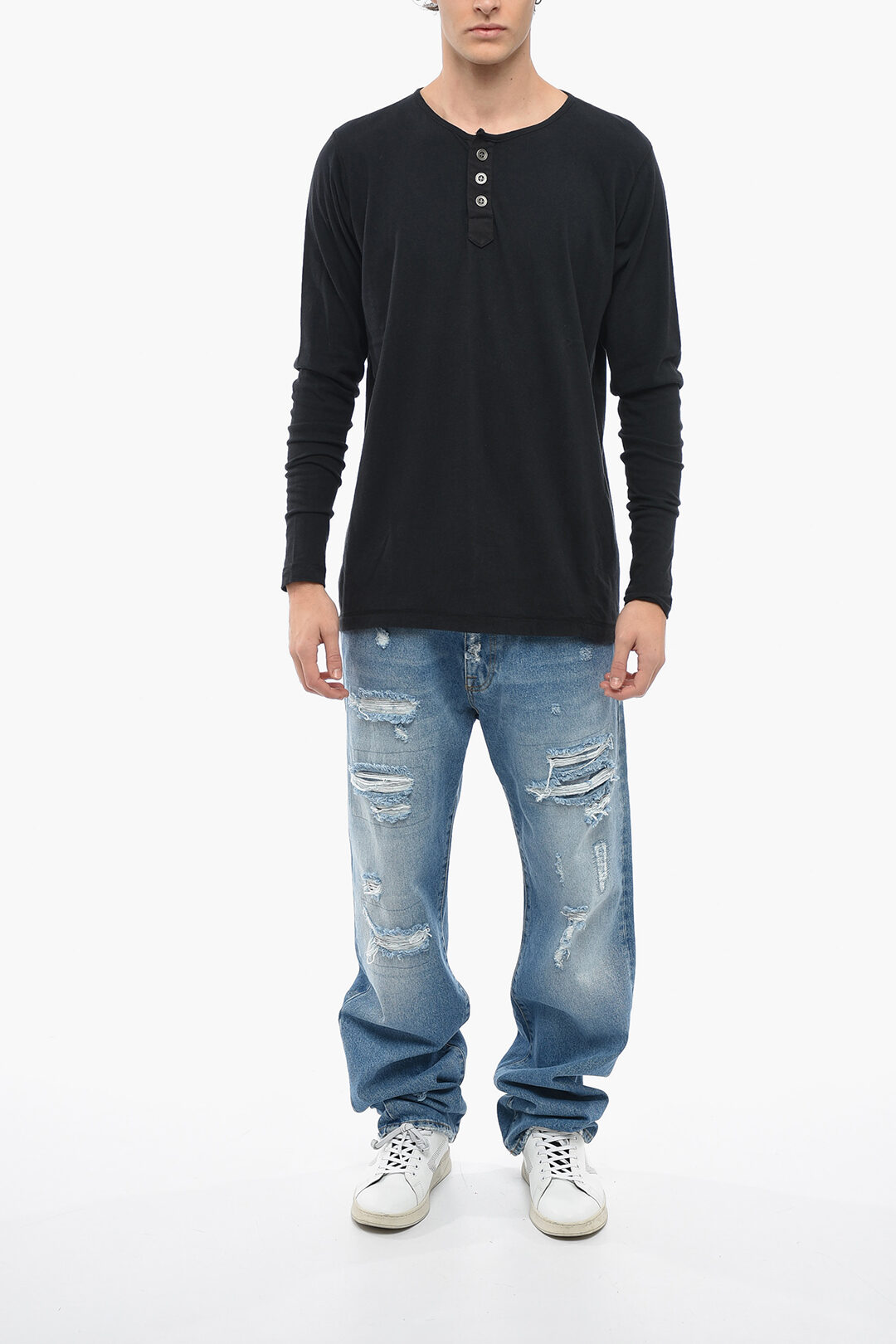 Greg Lauren 3 Buttoning Long Sleeved HENLEY T-shirt men - Glamood 