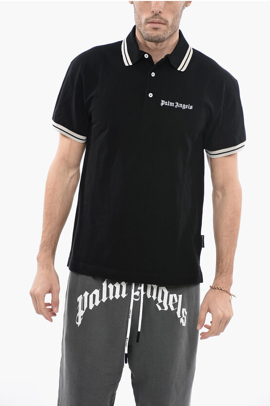 Palm Angels 3-buttons Piquet Cotton Polo Shirt In Black