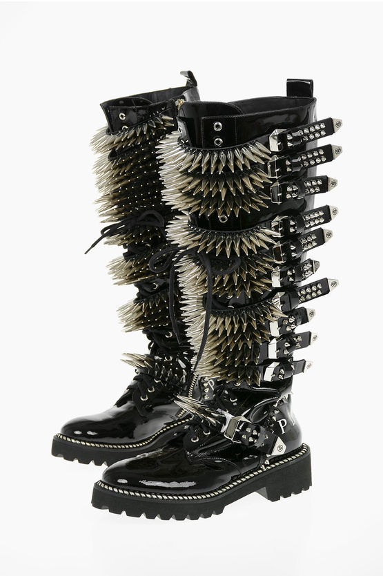 Philipp Plein 4,5cm Studded And Buckles Lace Up Boots In Black