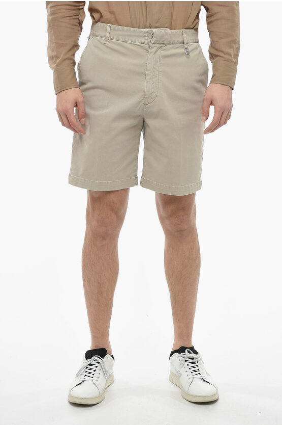 Fendi 4 Pocket Cotton Shorts With Embroidered Logo In Neutral