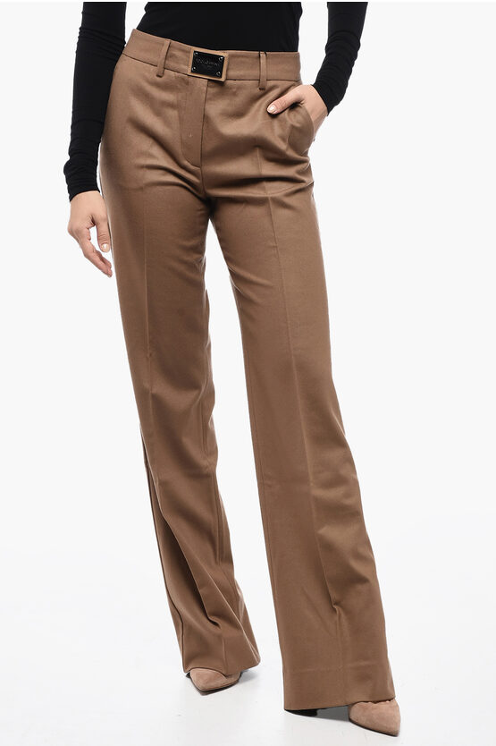 Dolce & Gabbana 4 Pocket Virgin Wool Pants With Metal Plate In Brown