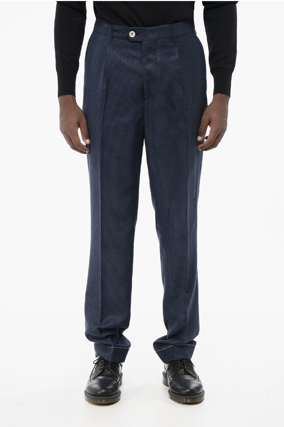Brunello Cucinelli 4-pocketed Wool Blend Pants With Houndstooth Pattern In Blue