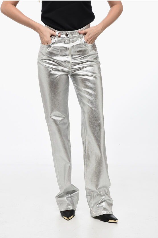 Ferragamo 5 Pocket Coated Cotton Lamè Pants In Metallic