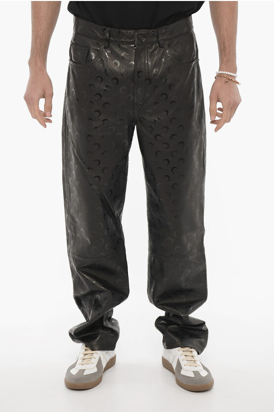 Marine Serre 5-pockets Leather Trousers With All-over Logo In Black