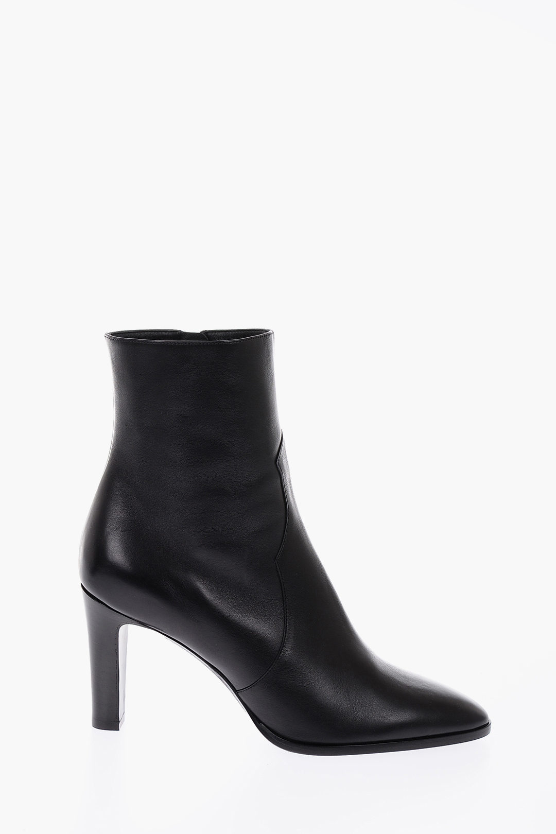 black leather almond toe booties