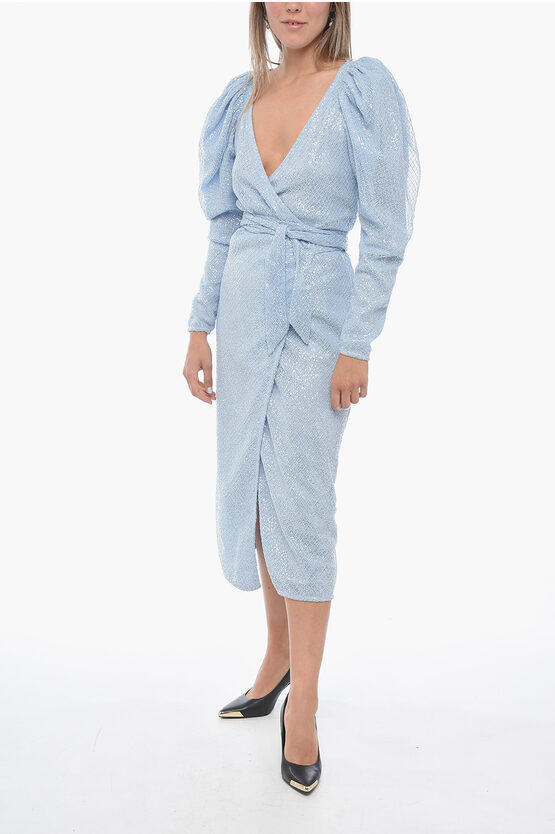 Rotate Abito Midi a Portafoglio in Paillettes con Maniche a