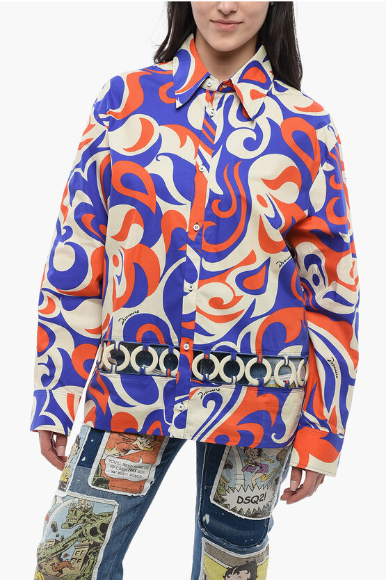 DSQUARED2 ABSTRACT PATTERNED WOODSTOCK SHIRT WITH OPEN WORK DETAIL