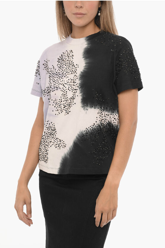 Shop Des Phemmes Acid Wash Effect Crew-neck T-shirt With Rhinestone