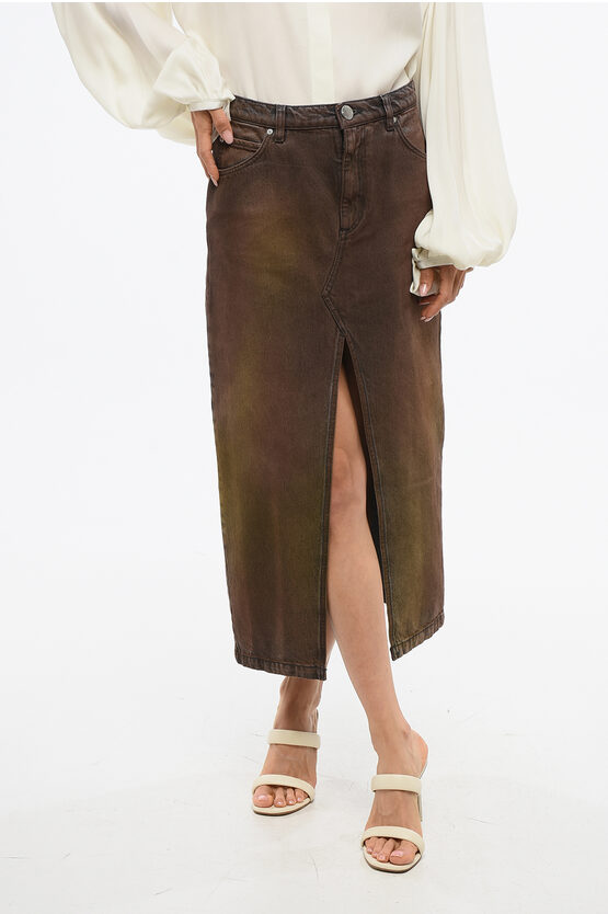 Pinko Acid Wash Effect Denim Ritmo Skirt With Split In Brown