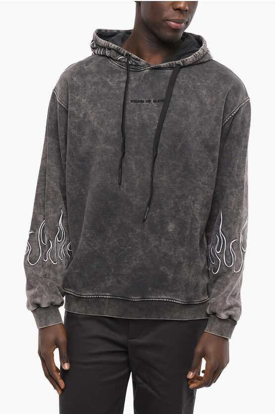 Vision Of Super Acid Wash Effect Hoodie With Embroideries In Gray