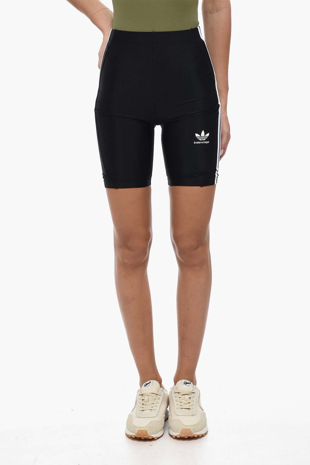 ADIDAS Stretch Fabric Biker Shorts with Contrasting Side Bands and Back Pocket