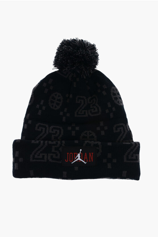 Nike Air Jordan Embroidered Beanie With Pom Pom In Black