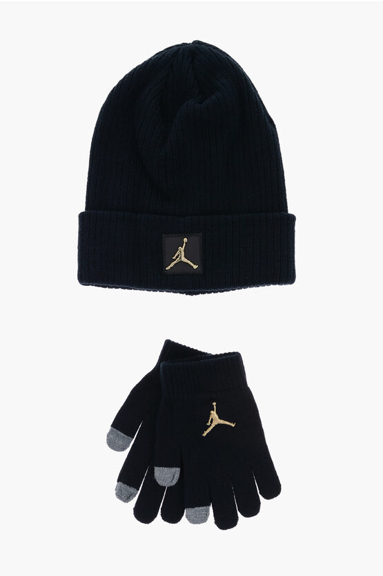 Nike Air Jordan Golden-effect Logo Gloves And Beanie Set In Black