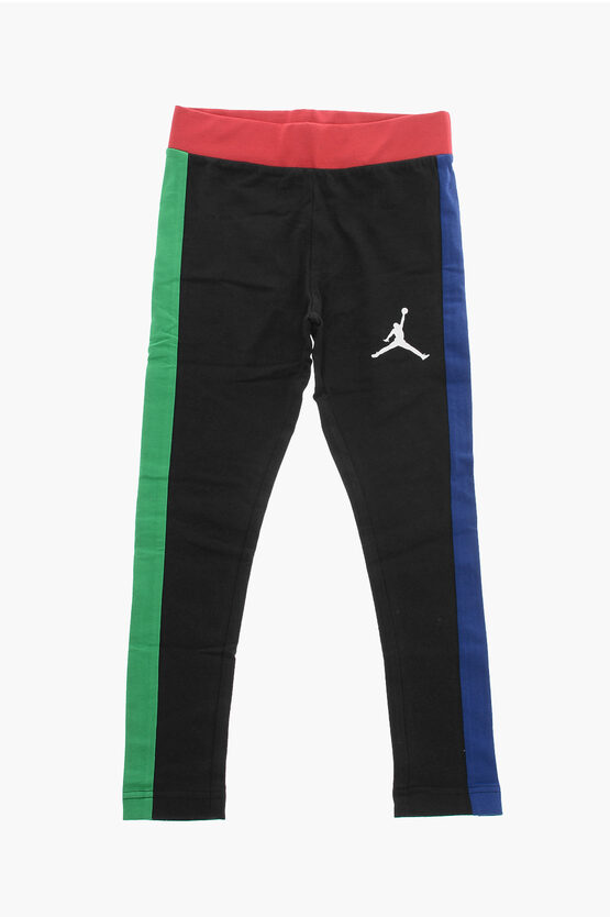 Nike Air Jordan Stretch Cotton Leggings With Contrasting Bands In Black