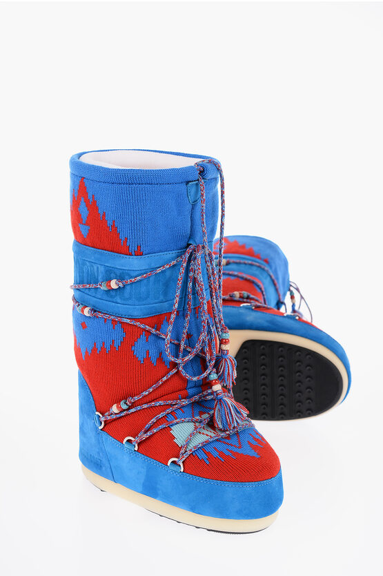 Moon Boot Alanui Jacquard And Suede Snow Boots With Beads Detail In Blue