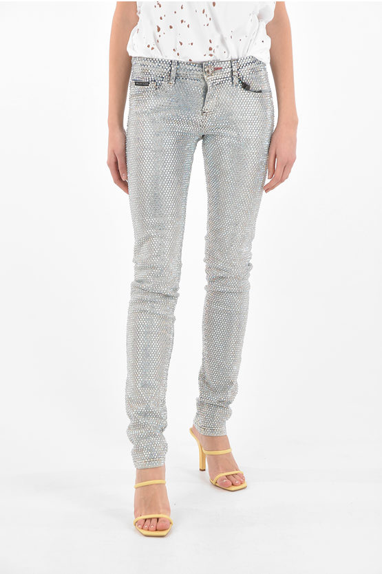 Philipp Plein All-over Crystals Slim Fit Jeans In Grey