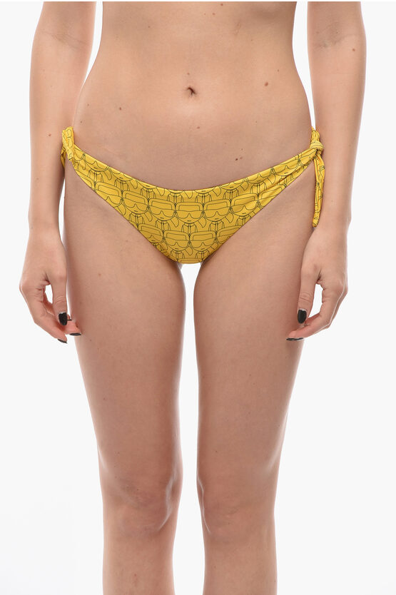 Karl Lagerfeld All-over Iconic Printed Bikini Bottom With Knotted Laces In Yellow