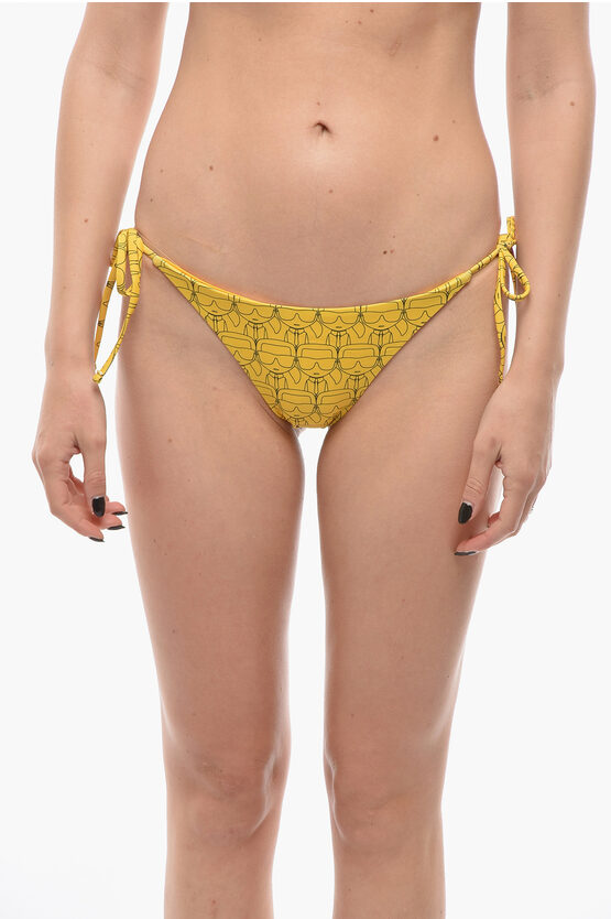 Karl Lagerfeld All-over Iconic Printed Bikini Bottom With Knotted Laces In Yellow