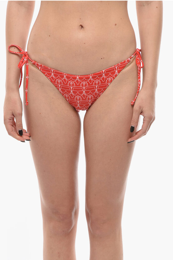 Karl Lagerfeld All-over Iconic Printed Bikini Bottom With Knotted Laces In Red