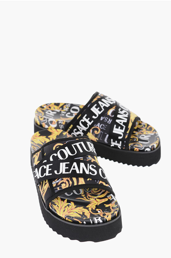 Versace All-over Logo And Baroque Patterned Arizona Sandals With Pla In White
