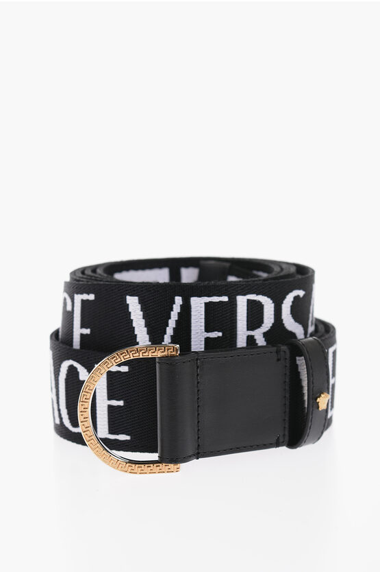 Versace All Over Logo Belt With Leather Trim 40mm In Black