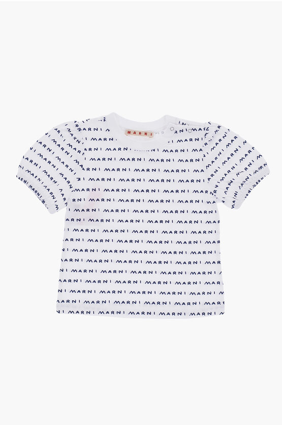 Marni All-over Logo Crew-neck T-shirt With Two-buttons In Multi
