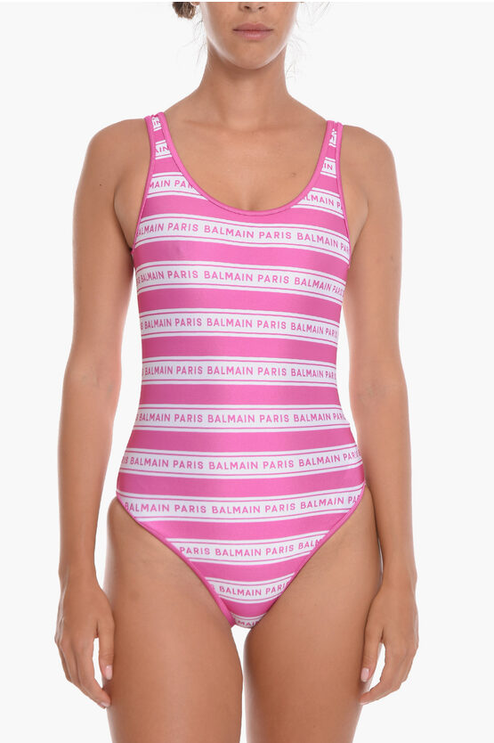 Shop Balmain All-over Logo Printed Olimpionic One Piece Swimsuit