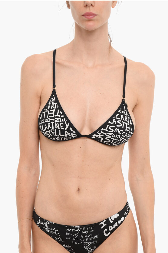 Stella Mccartney All-over Logo Printed Triangle Bikini Top In Black