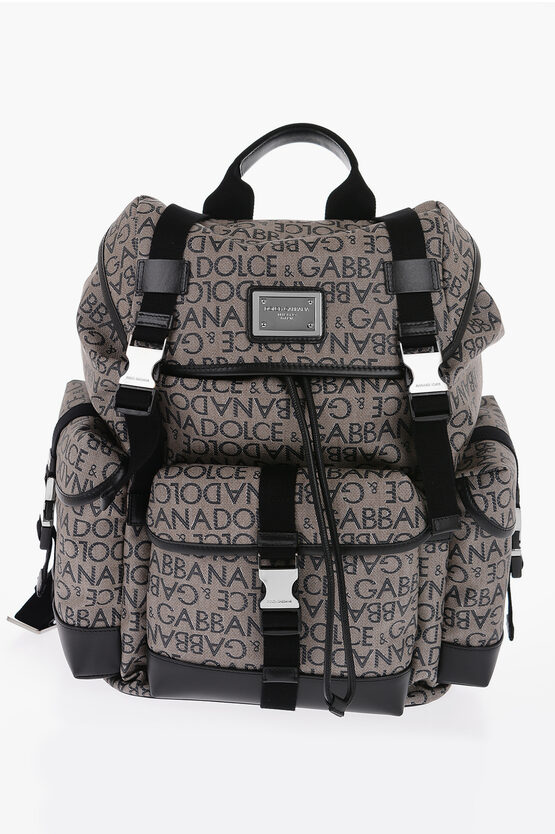 Dolce & Gabbana All-over Logo Pvc And Leather Backpack In Gray