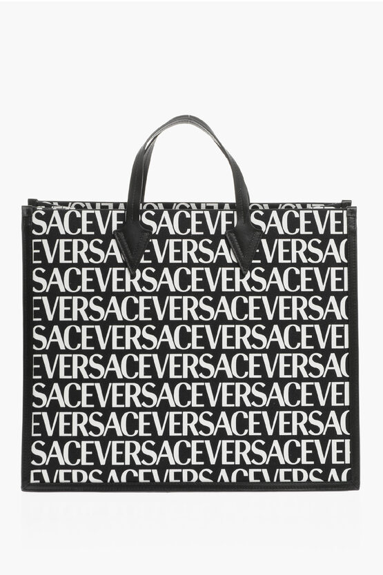 Versace All-over Logo Tote Bag With Leather Trims In Brown