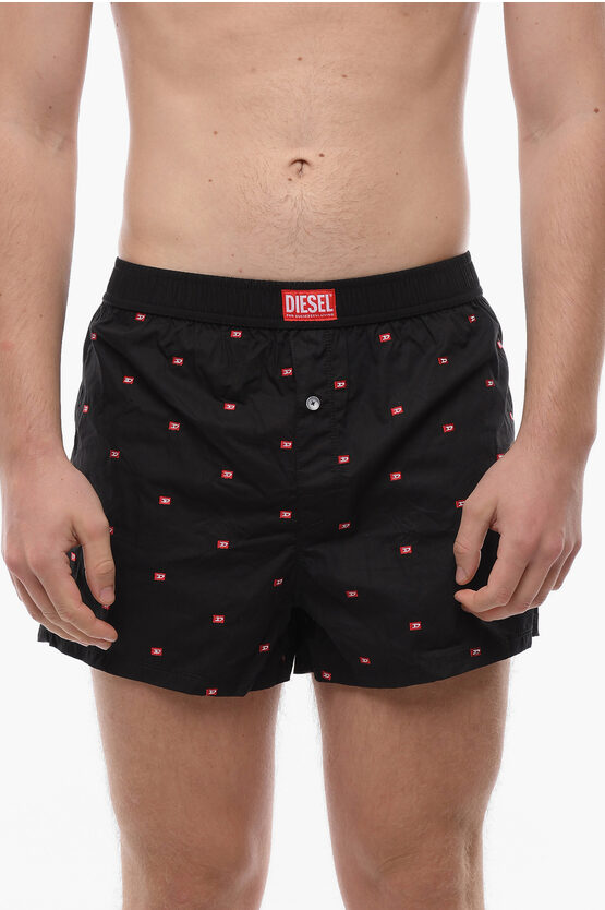 Diesel All-over Monogram Embroidery Boxer In Black