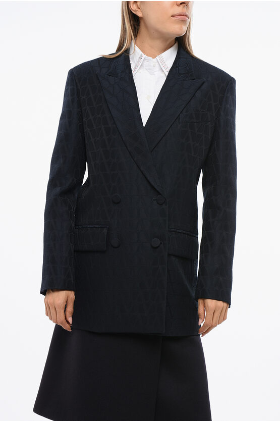 Valentino All-over Monogram Virgin Wool And Silk Double Breasted Blaze In Black