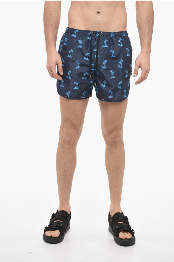 Neil Barrett All-over Printed Slim Fit Palm Tree Swim Shorts In Blue