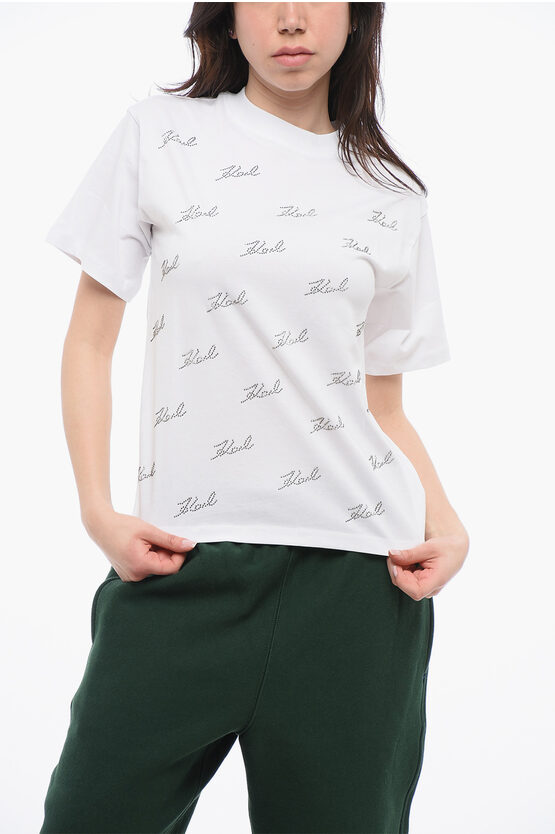 Shop Karl Lagerfeld All-over Rhinestone Logo Cotton Crew-neck T-shirt