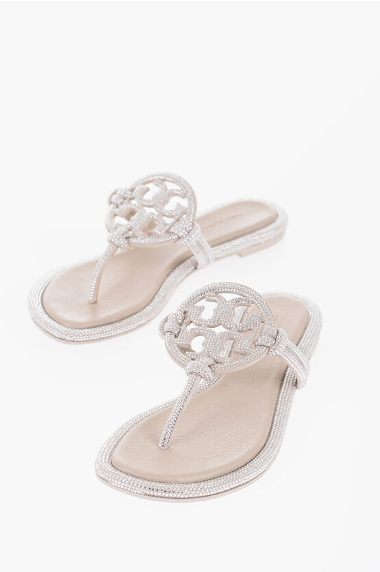 Tory Burch All Over Rhinestone Lrather Thong Sandals In Gold