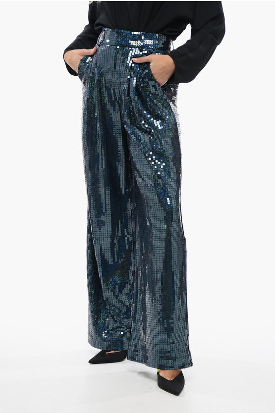 New Arrivals All-over Sequined Wide-leg Pants With Pleats In Blue