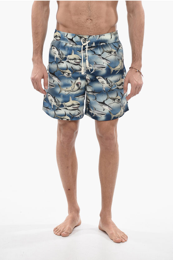 Shop Palm Angels All-over Sharks Printed Swimshorts