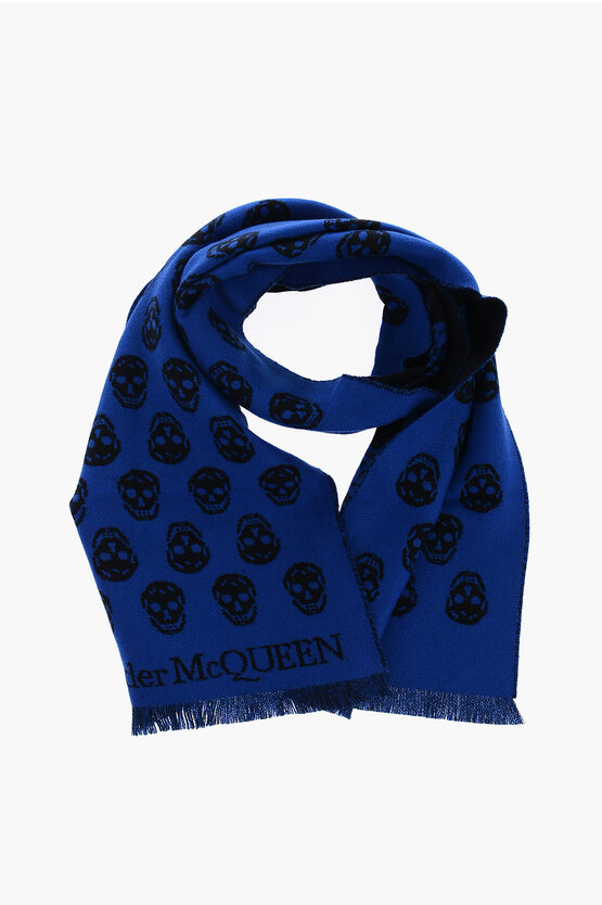 Shop Alexander Mcqueen All-over Skulls Embroidered Wool Upside Down Scarf