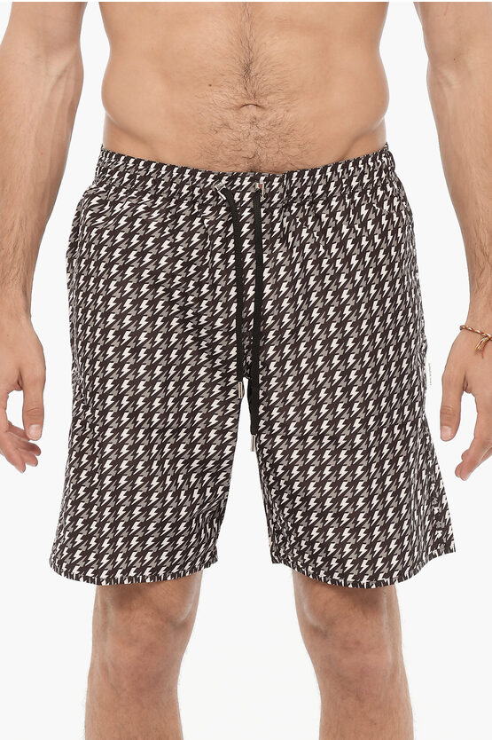 Shop Neil Barrett All Over Thunderbolt Printed Swim Shorts