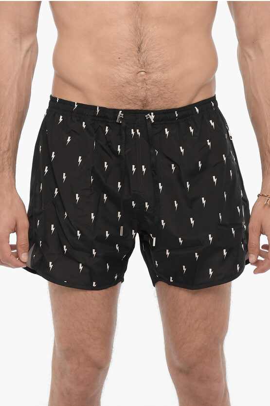 Shop Neil Barrett All Over Thunderbolt Printed Swim Shorts