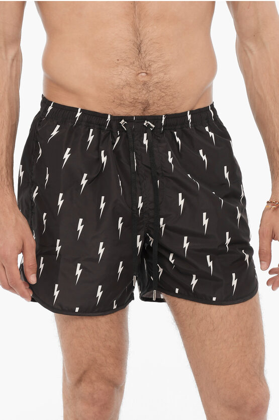 Shop Neil Barrett All Over Thunderbolt Printed Swim Shorts