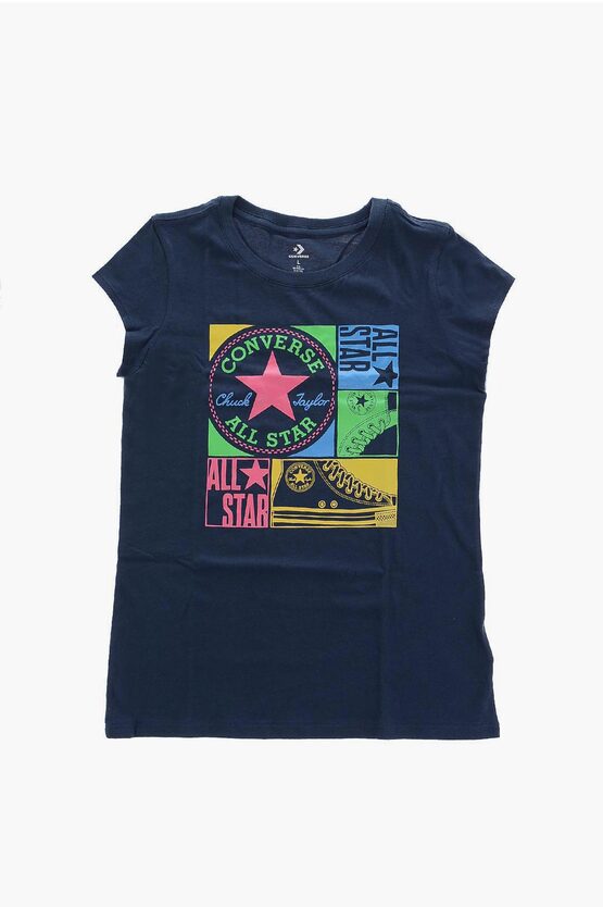Converse Kids' All Star Chuck Taylor Crew-neck T-shirt With Glitter Print In Blue