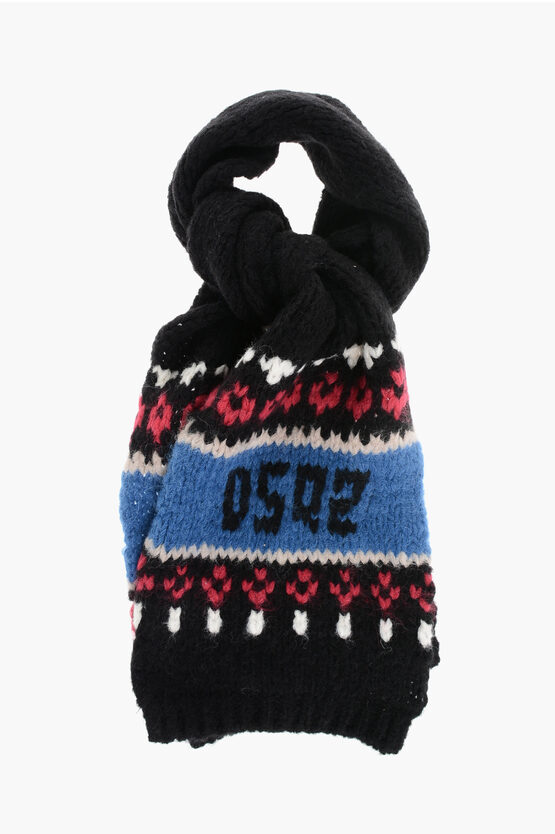 Dsquared2 Alpaca Blend Scarf With Fairisle Motif In Black