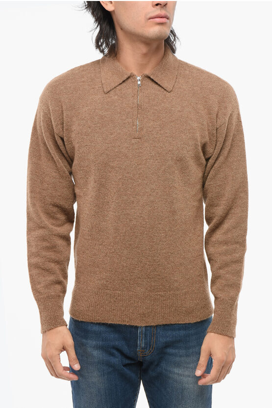 Altea Alpaca Blend Sweater With Polo Neck And Half Zip In Brown