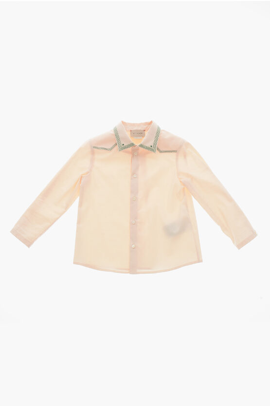 Gucci Angela Lynne Stretch Cotton Shirt With Embroidered Collar In Brown