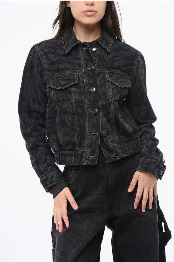 Ganni Animal Motif Denim Cropped Jacket In Black